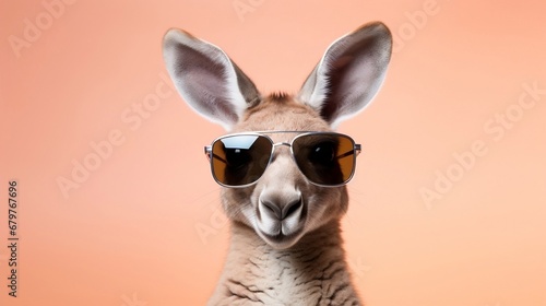 Funny kangaroo wearing sunglasses and looking at camera on orange background
