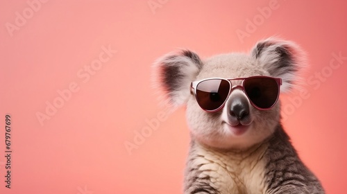 Cute koala wearing sunglasses on pink background. Copy space.