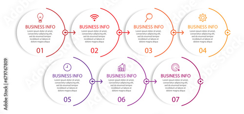 Desain Infografis Bisnis sederhana, vektor
templat dengan garis warna warni, ikon, angka dan
7 pilihan atau langkah. Dapat digunakan untuk proses diagram,
presentasi, tata letak alur kerja, spanduk, d