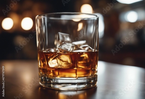 Flight of whiskey for tasting on a bar counter with a blurred background