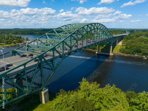 Piscataqua River Bridge aerial view that carring Interstate Highway 95 across Piscataqua River connecting Portsmouth, New Hampshire with Kittery, Maine, USA.  photo