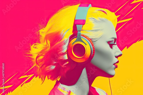 Сheerful energy stylish young woman in massive headphones listen music on pink background with lightning. Girl listening podcast, playlist, modern track. 80s 90s club party concept with copy space photo