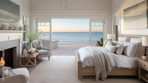 Mockup frame in bedroom interior background  coastal background.Generative AI