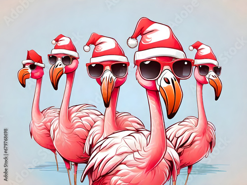 Flock of flamingos with sunglasses and Christmas hats.