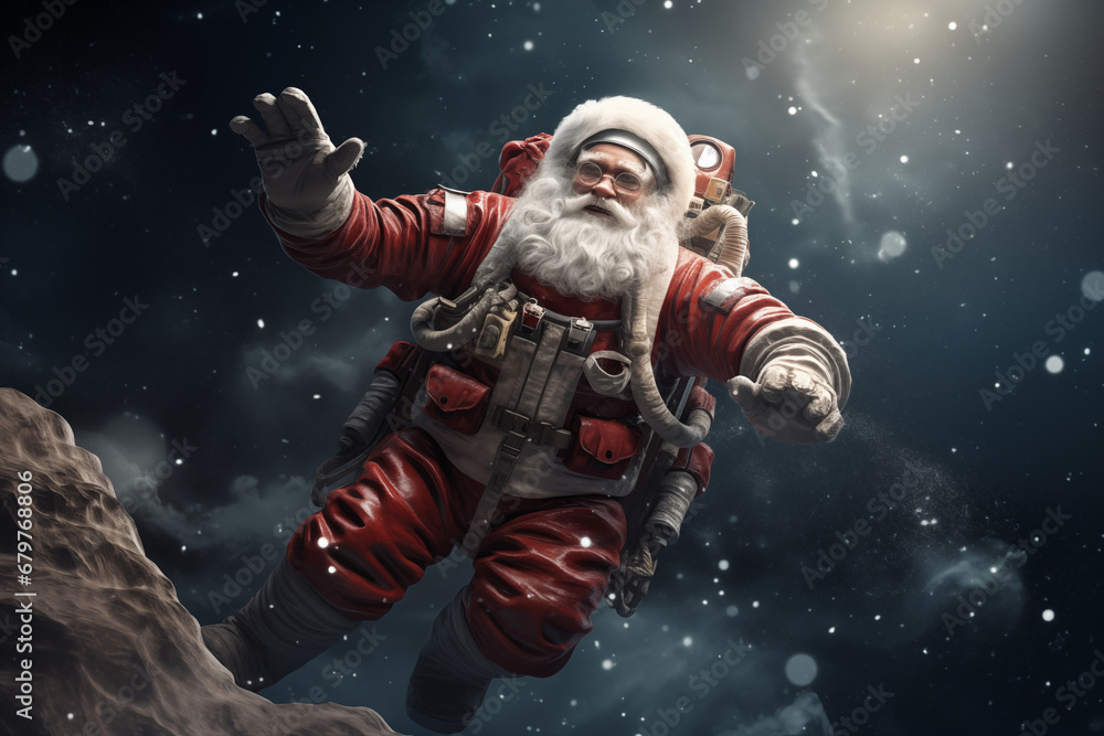 Fototapeta premium Santa Claus in space suit floating in space outside spaceship, moon background Christmas funny illustration