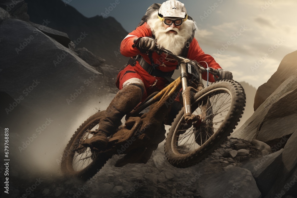 Obraz premium Santa Claus is mountain biking down a challenging trail, his nimble reindeer keeping pace alongside him Christmas funny illustration