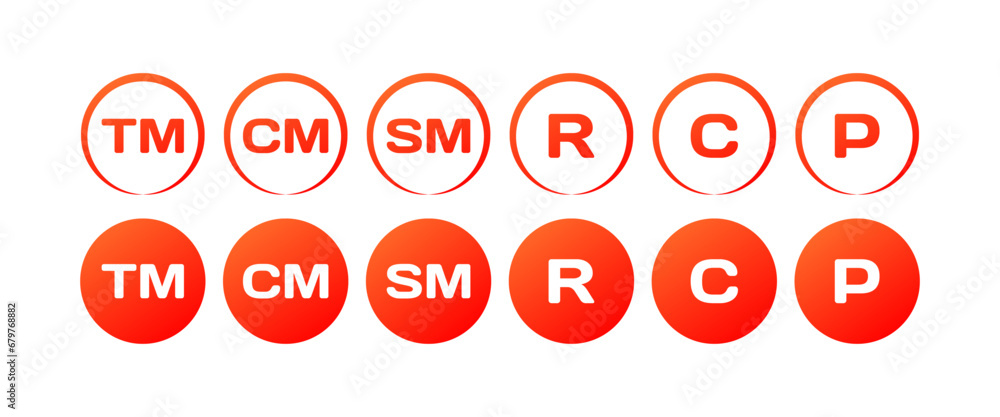 Tm, Cm, Sm, R, C, P icons. Flat, red, Tm, Cm, Sm, R, C, P icons. Vector icons Tm, Cm, Sm, R, C, P icons. Flat, red, Tm, Cm, Sm, R, C, P icons. Vector icons