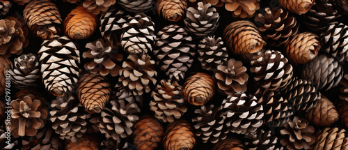 Pine cones background, top view. Christmas or New Year background.