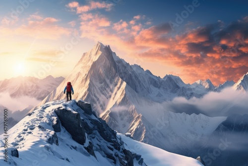 Man hiking on top of a rocky mountain peak. Climber on a summit freedom. Snowy mountains landscape. Camp trek. Success, freedom and happiness. Background or banner about travel and vacations