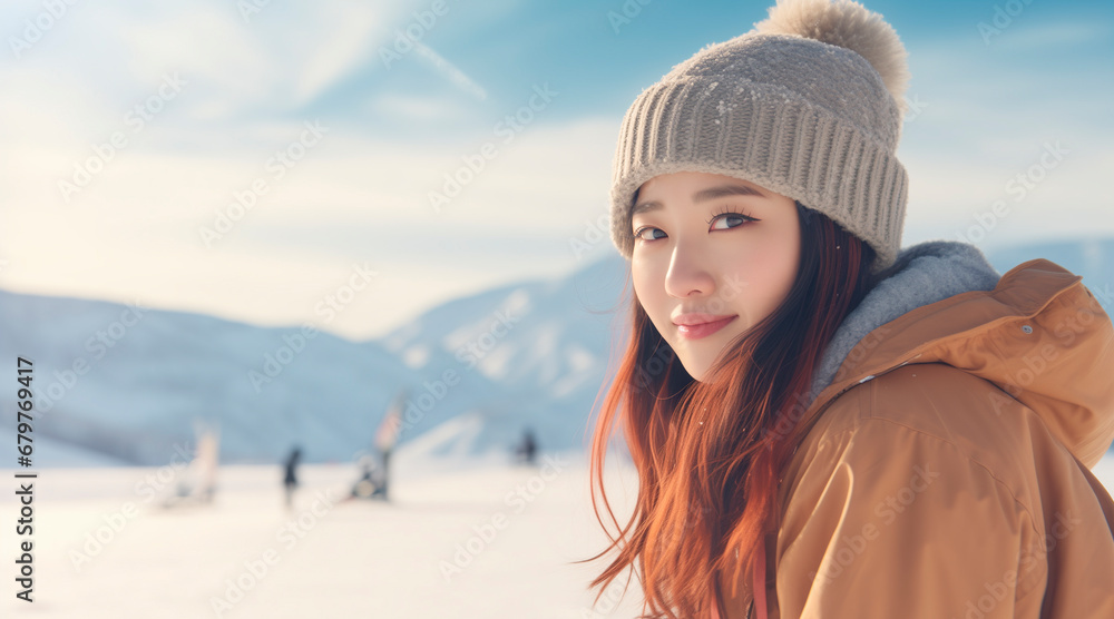 beautiful asian girl snowboarder, full shot view, enjoys the weather with cool expression beautiful asian girl snowboarder, full shot view, enjoys the weather with cool expression