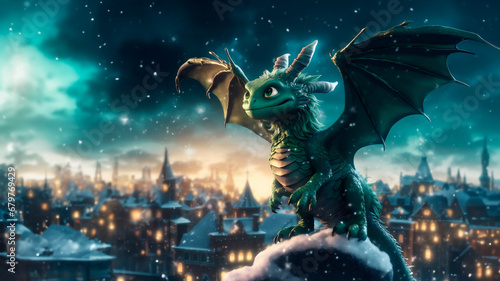 A small cheerful green dragon is high above the old city. Winter morning. Calendar for 2024, symbol of the year. photo