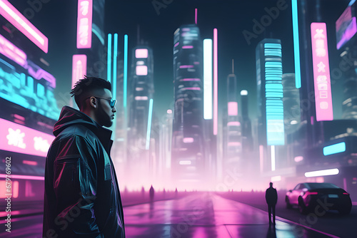 A man in a futuristic jacket standing in front of a blurred cyberpunk city panorama with bright neon lights. © Valeriy