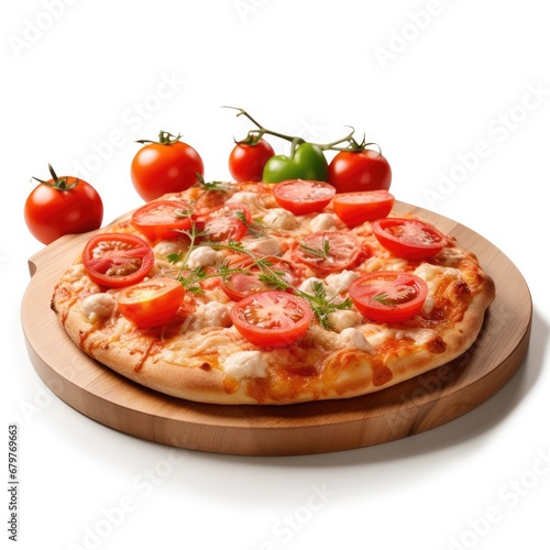 Pizza w Tomatoes on Wooden Board