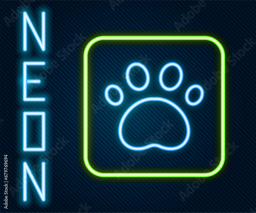 Glowing neon line Paw print icon isolated on black background. Dog or cat paw print. Animal track. Colorful outline concept. Vector