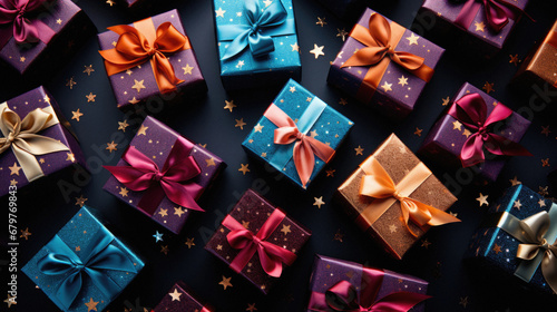 Gift boxes with bows on black background. Flat lay, top view. © Synthetica