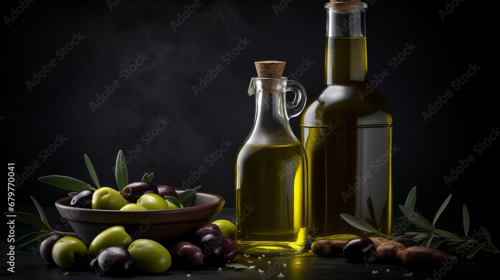Bottle of natural extra virgin olive oil and green olives with leaves branch Bottle of natural extra virgin olive oil and green olives with leaves branch