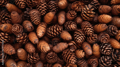 Cedar pine cones background. Pine cones background. Top view.