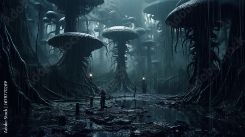 a dark forest in a rain storm H.R.Giger style.Generative AI