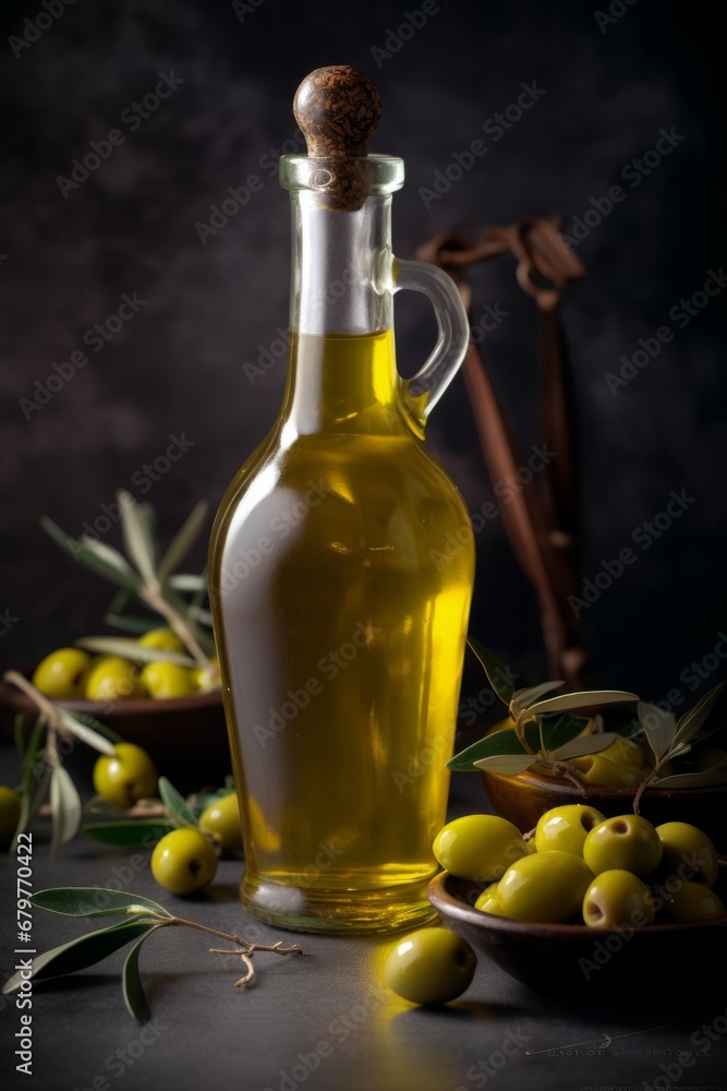 Bottle of natural extra virgin olive oil and green olives with leaves branch Bottle of natural extra virgin olive oil and green olives with leaves branch