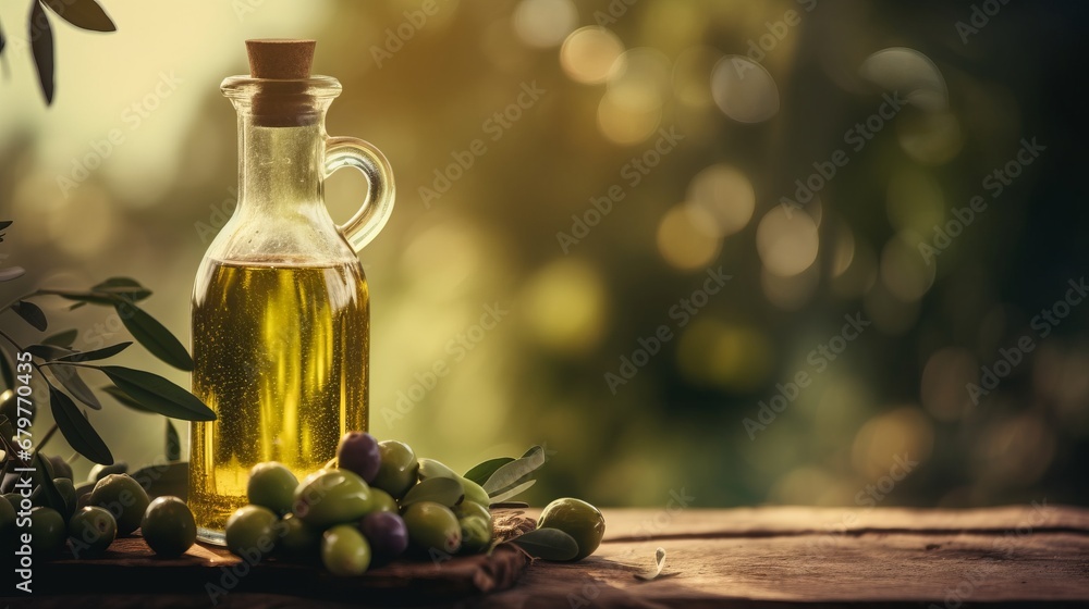 Bottle of natural extra virgin olive oil and green olives with leaves branch on olive trees farm Bottle of natural extra virgin olive oil and green olives with leaves branch on olive trees farm