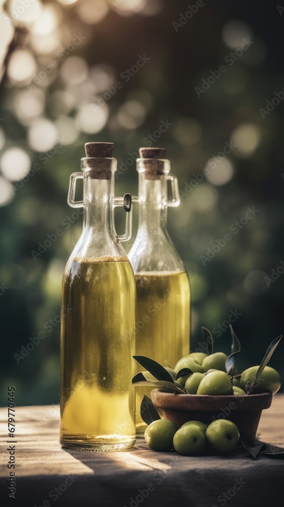 Bottle of natural extra virgin olive oil and green olives with leaves branch on olive trees farm Bottle of natural extra virgin olive oil and green olives with leaves branch on olive trees farm