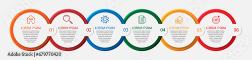Simple Business Infographic design, vector
template with colorful lines, icons, numbers and
6 choices or steps. Can be used for process diagrams,
presentations, workflow layouts, banners, flowcharts