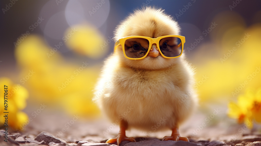 little cute yellow chicken in glasses on nature background.Generative AI