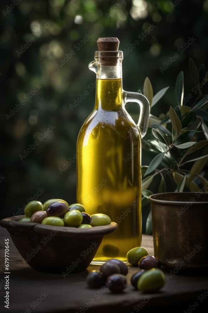 Bottle of natural extra virgin olive oil and green olives with leaves branch on olive trees farm Bottle of natural extra virgin olive oil and green olives with leaves branch on olive trees farm