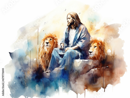 jesus cristo e leão da tribo de judah aquarela em fundo branco 