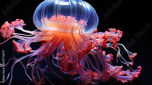 Bioluminescent Ballet: Fluorescent Deep-Sea Jellyfish. Generative AI © Sascha