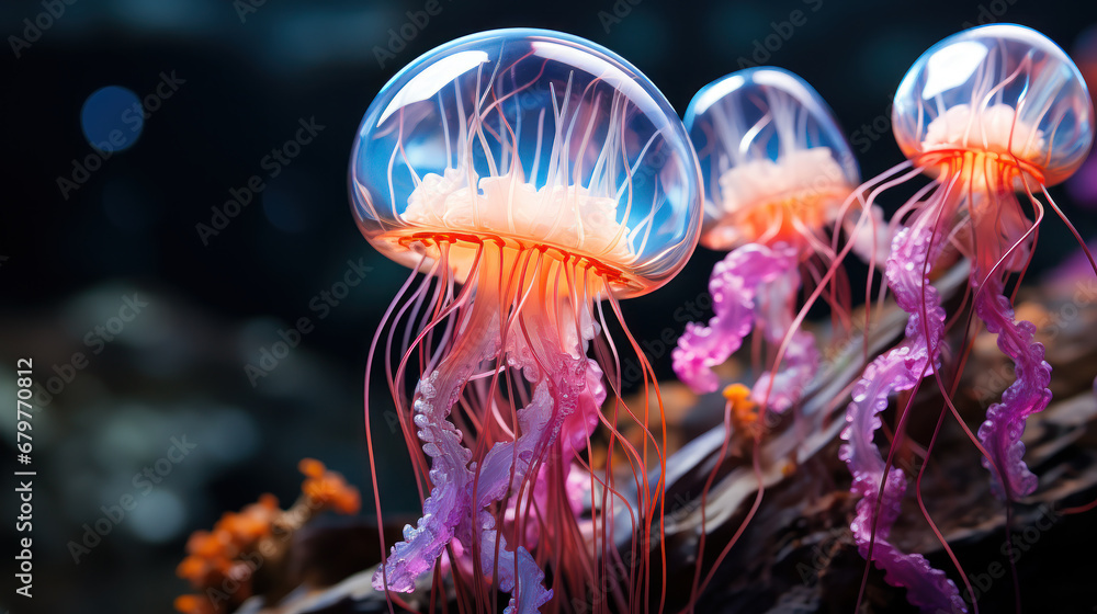 Bioluminescent Ballet: Fluorescent Deep-Sea Jellyfish. Generative AI Bioluminescent Ballet: Fluorescent Deep-Sea Jellyfish. Generative AI