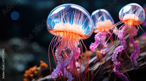 Bioluminescent Ballet: Fluorescent Deep-Sea Jellyfish. Generative AI © Sascha