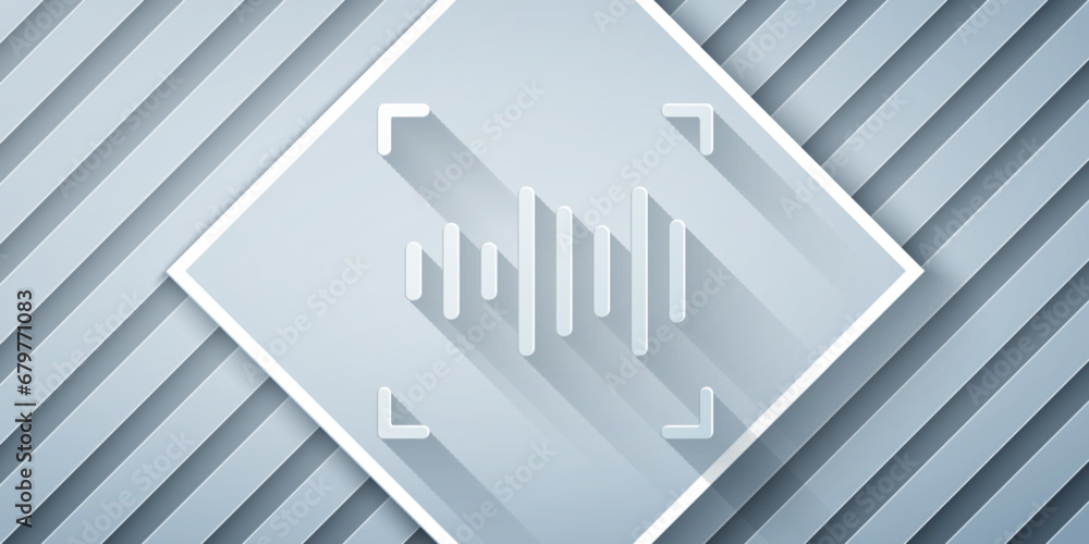 Paper cut Voice recognition icon isolated on grey background. Voice biometric access authentication for personal identity recognition. Cyber security. Paper art style. Vector Paper cut Voice recognition icon isolated on grey background. Voice biometric access authentication for personal identity recognition. Cyber security. Paper art style. Vector