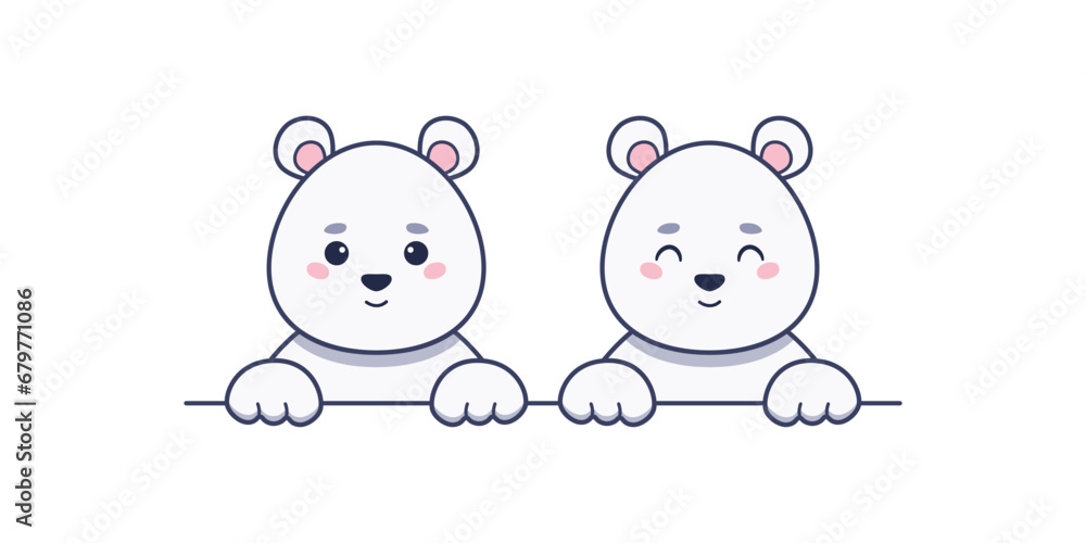 Cartoon vector illustration with two cute white polar bears smiling