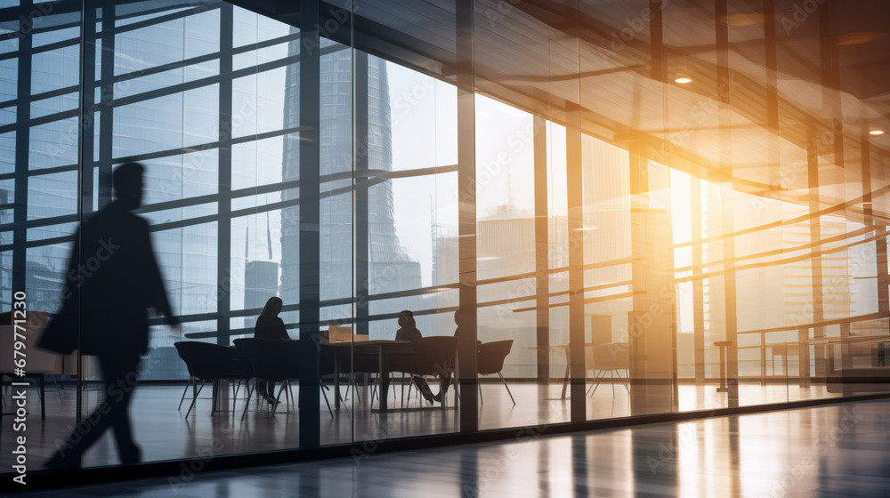 Modern workplace with people in silhouette background Modern workplace with people in silhouette background