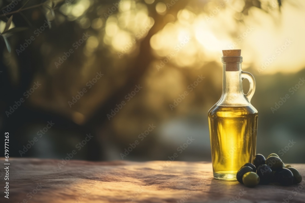 Bottle of natural extra virgin olive oil and green olives with leaves branch on olive trees farm Bottle of natural extra virgin olive oil and green olives with leaves branch on olive trees farm