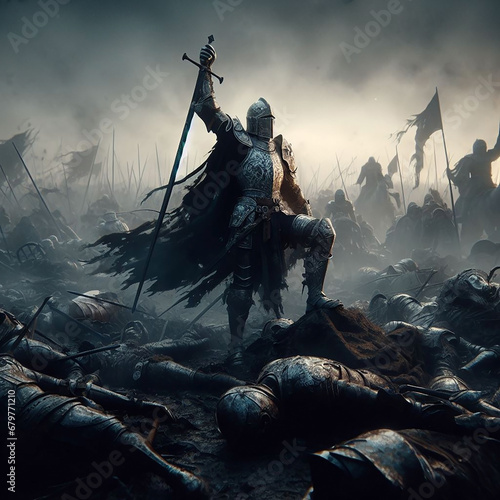 A Knight's Lone Triumph, Medieval Battle Scene, Generative AI photo
