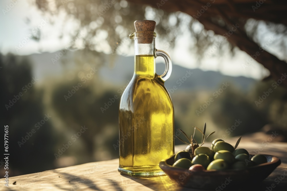 Bottle of natural extra virgin olive oil and green olives with leaves branch on olive trees farm Bottle of natural extra virgin olive oil and green olives with leaves branch on olive trees farm