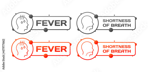 Fever and Shortness of breath icons. Different styles, head icons, Fever and Shortness of breath signs. Vector icons