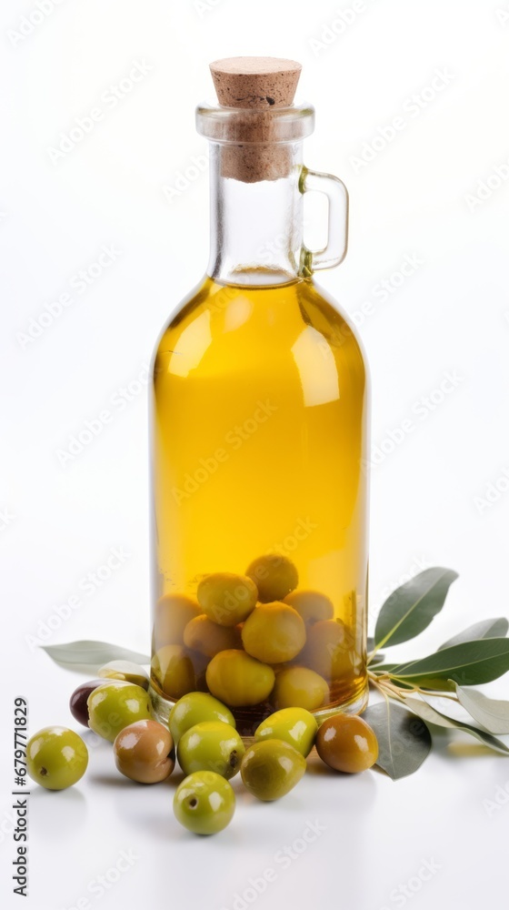 Bottle of natural extra virgin olive oil and green olives with leaves branch Bottle of natural extra virgin olive oil and green olives with leaves branch