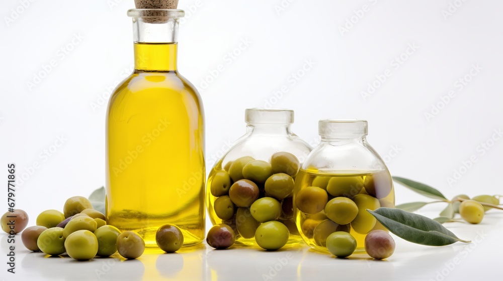 Bottle of natural extra virgin olive oil and green olives with leaves branch Bottle of natural extra virgin olive oil and green olives with leaves branch