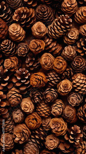 Pine cones background. Top view of pine cones on wooden background.