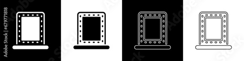 Set Makeup mirror with lights icon isolated on black and white background. Vector