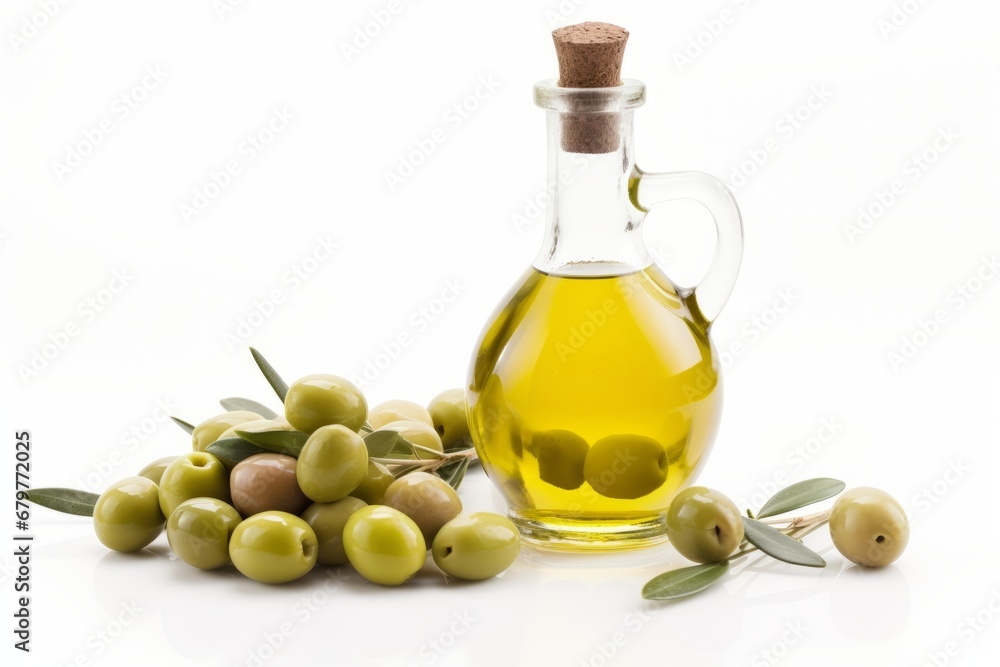 Bottle of natural extra virgin olive oil and green olives with leaves branch Bottle of natural extra virgin olive oil and green olives with leaves branch