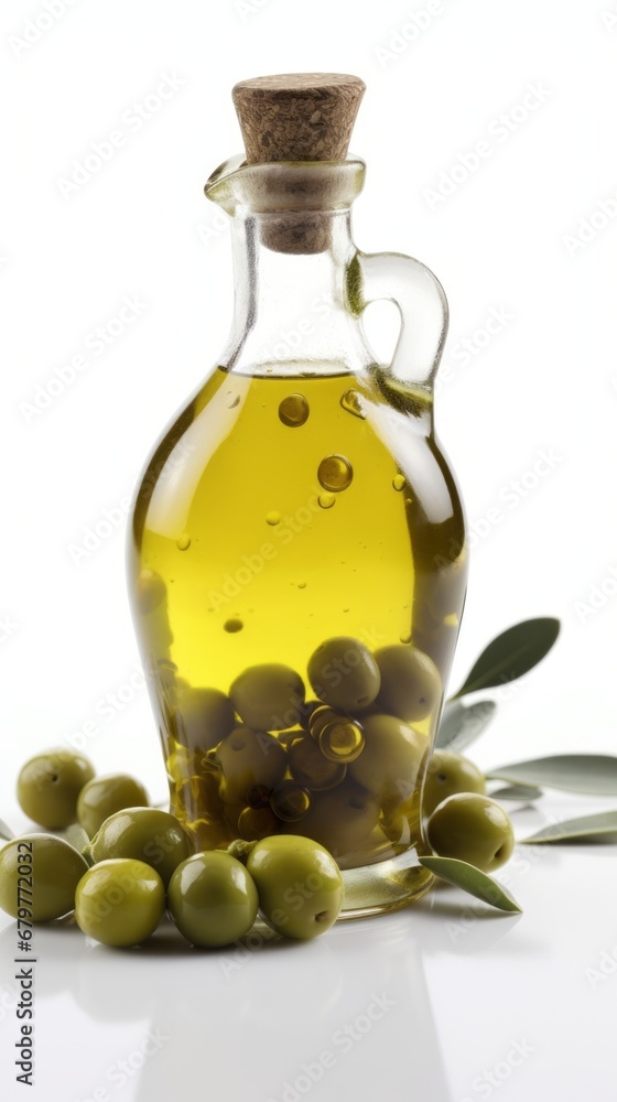 Bottle of natural extra virgin olive oil and green olives with leaves branch Bottle of natural extra virgin olive oil and green olives with leaves branch
