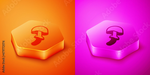 Isometric Psilocybin mushroom icon isolated on orange and pink background. Psychedelic hallucination. Hexagon button. Vector