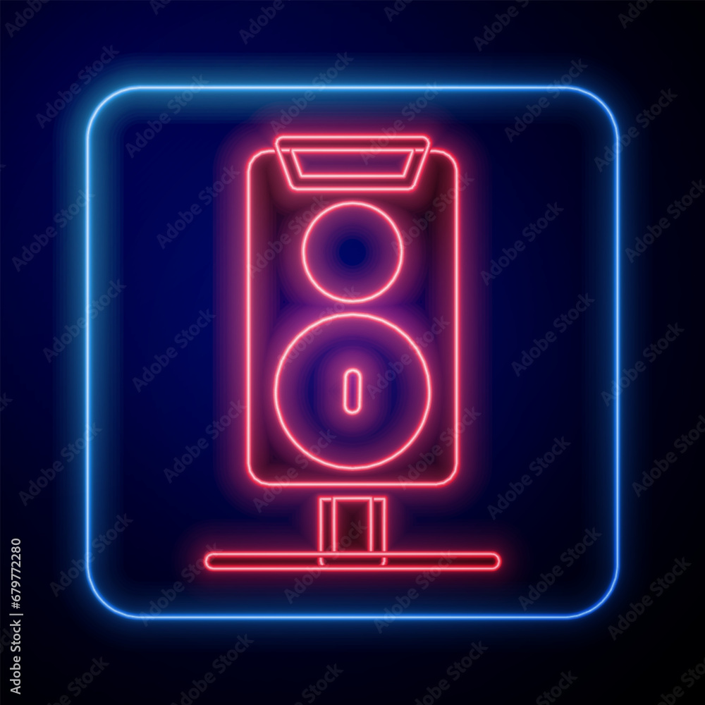Glowing neon Stereo speaker icon isolated on black background. Sound system speakers. Music icon. Musical column speaker bass equipment. Vector Glowing neon Stereo speaker icon isolated on black background. Sound system speakers. Music icon. Musical column speaker bass equipment. Vector