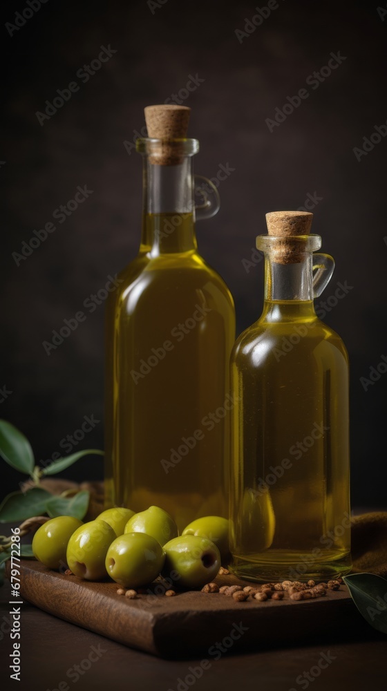 Bottle of natural extra virgin olive oil and green olives with leaves branch Bottle of natural extra virgin olive oil and green olives with leaves branch