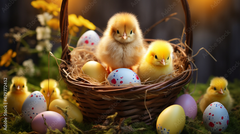little yellow chickens in a basket and colored easter eggs.Generative AI