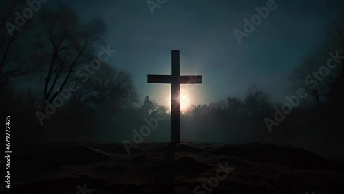Concept photo of a Cemetery Cross, captured in the soft light of a full moon. The crosss shadow stretches across the ground, a reminder of the eternal cycle of life and death. photo